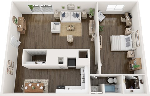 A top-down view of a small apartment with a kitchen, living room, and bedroom.